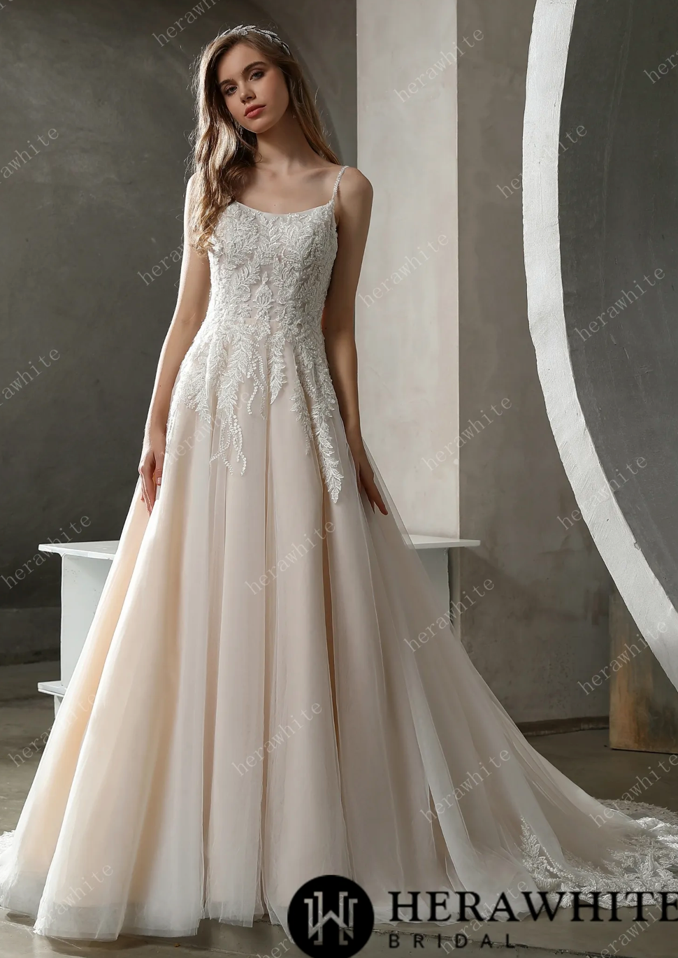 Swiss Tulle Wedding Dress Beaded Lace A Line Bridal Gown, make a grand entrance in this princess wedding dress.