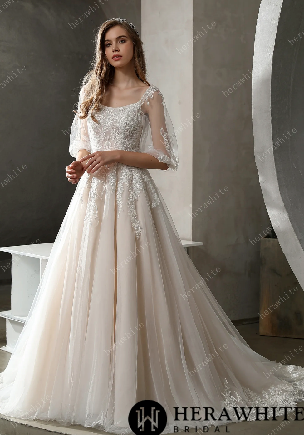 Swiss Tulle Wedding Dress Beaded Lace A Line Bridal Gown, make a grand entrance in this princess wedding dress.