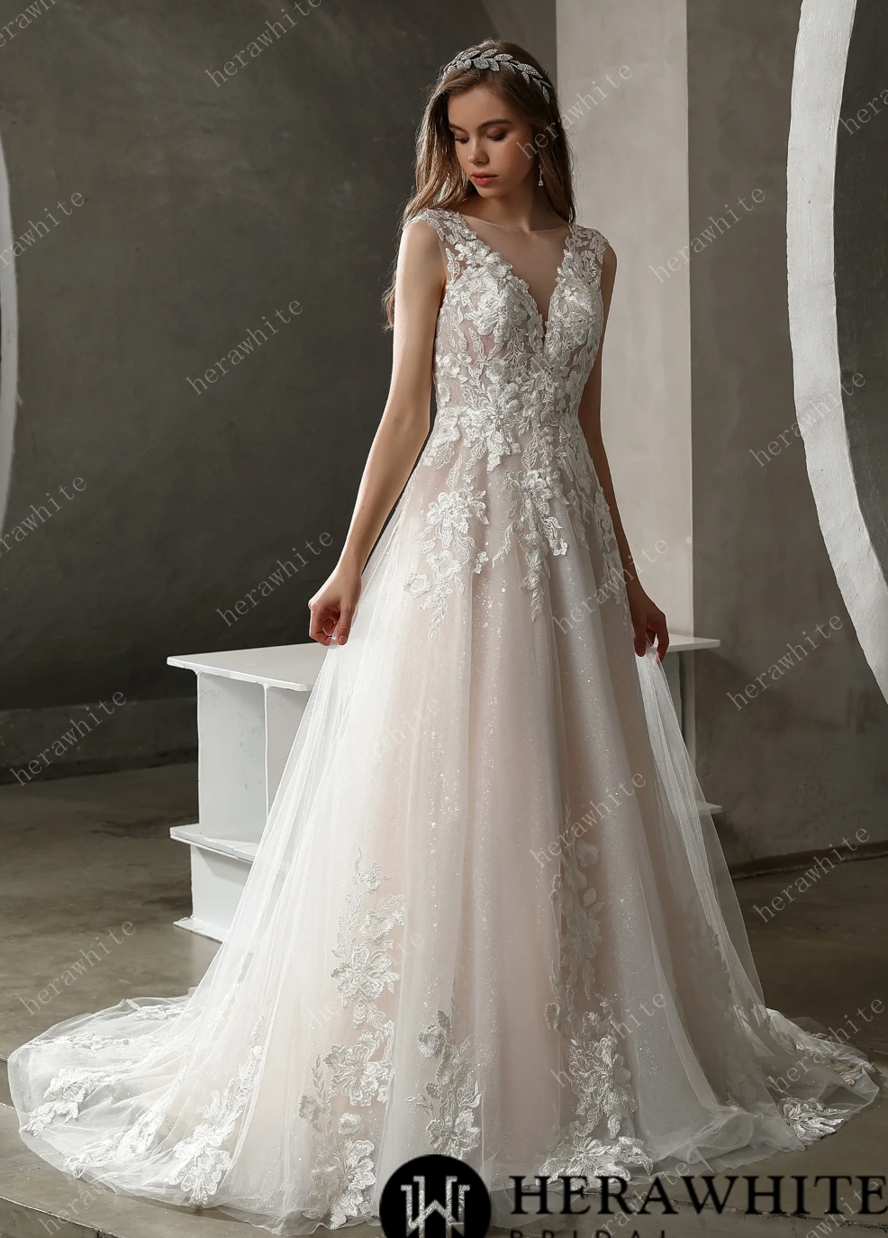 Tulle Lace Wedding Dress Beaded A Line Bridal Gown, this A-line bridal gown is the definition of romance princess wedding dress