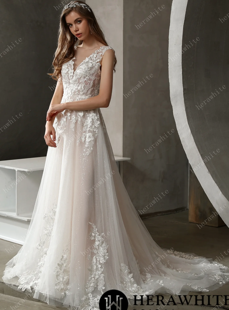 Tulle Lace Wedding Dress Beaded A Line Bridal Gown, this A-line bridal gown is the definition of romance princess wedding dress