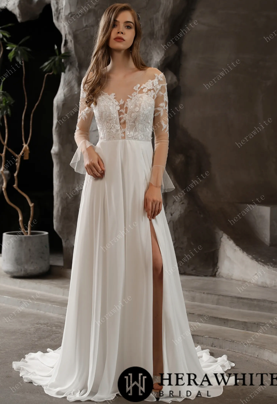 Chiffon Wedding Dress A Line Sequined Lace Bridal Gown,  look ethereal and romantic in this A-line wedding dress.The Illusion bodice features sheer plunging 