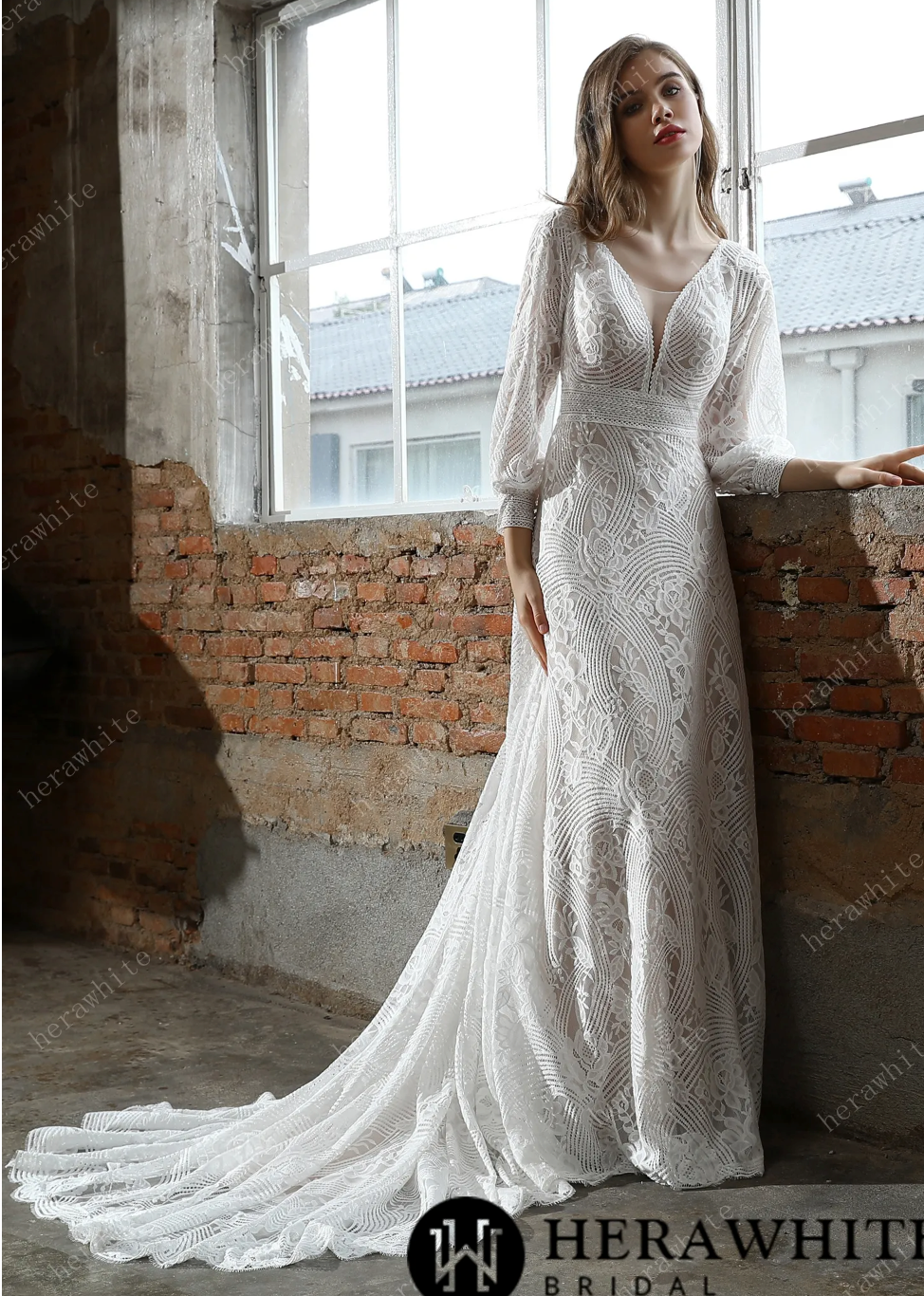 Lace Bohemian Wedding Dress Lace Train Bridal Gown, searching for a Bohemian lace fit-and-flare wedding dress?