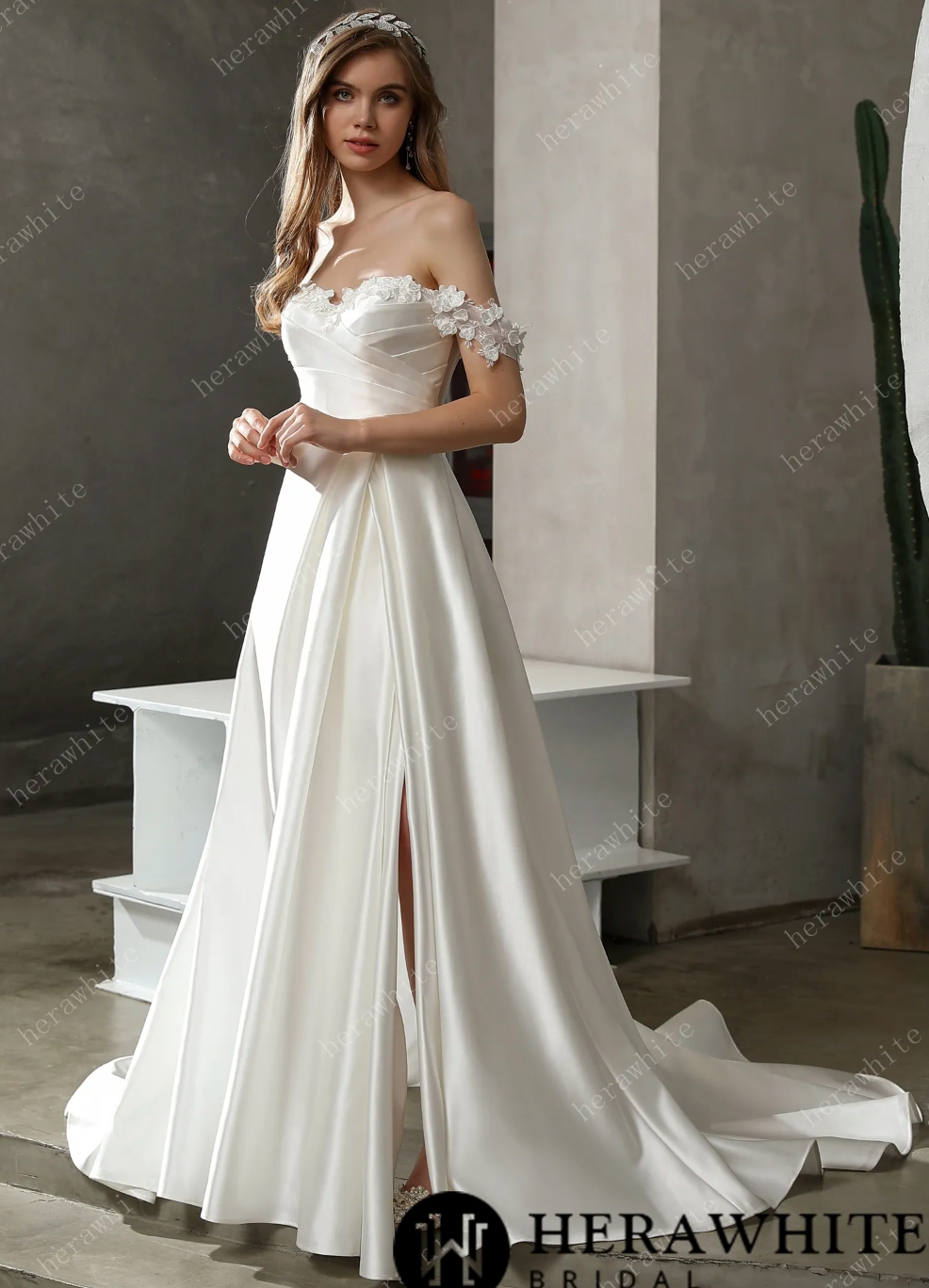 Satin A-line Wedding Dress Slit Skirt 3D Lace Bridal Gown, for more of a modern look with this A-line satin dress, the 3D flowers