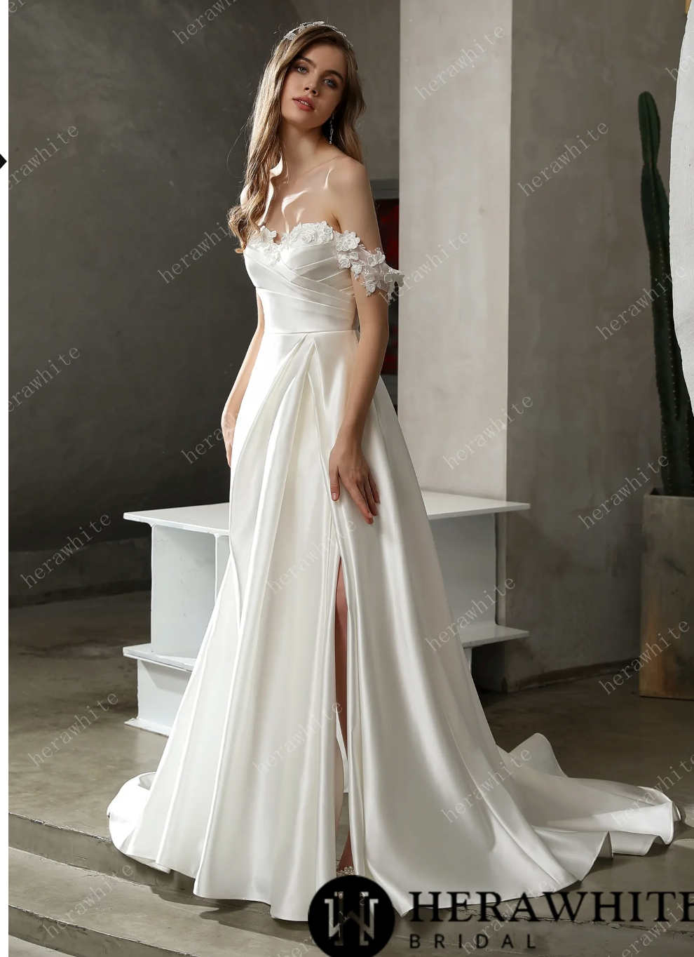 Satin A-line Wedding Dress Slit Skirt 3D Lace Bridal Gown, for more of a modern look with this A-line satin dress, the 3D flowers