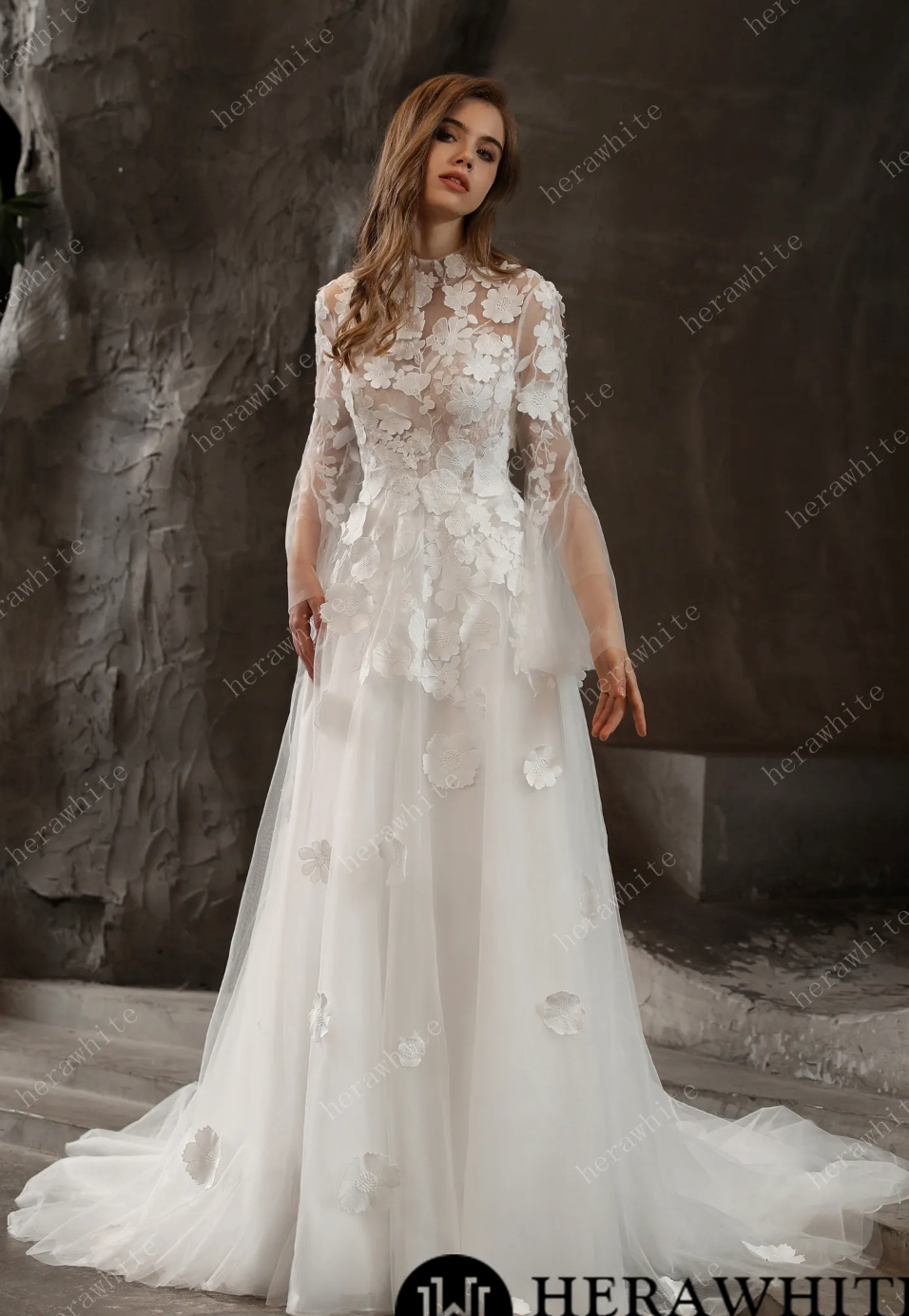 High Neck Tulle Wedding Dress 3D Floral Lace A Line Bridal Gown,  sweet, sophisticated and ever so lovely! This wedding dress features frosted 3D floral lace