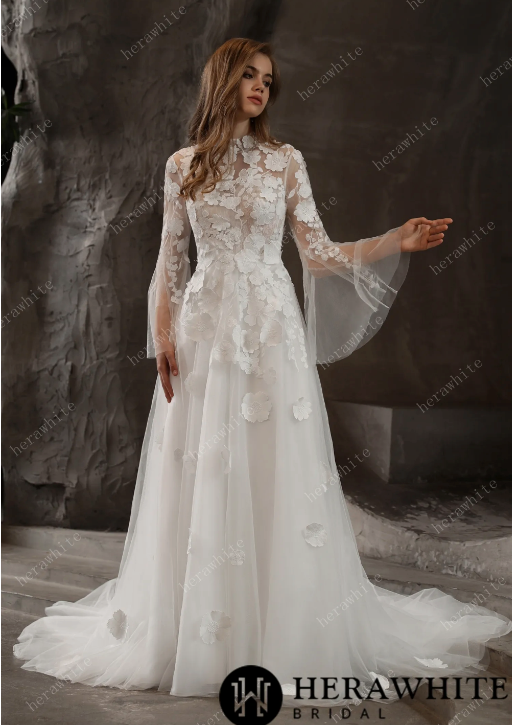 High Neck Tulle Wedding Dress 3D Floral Lace A Line Bridal Gown,  sweet, sophisticated and ever so lovely! This wedding dress features frosted 3D floral lace
