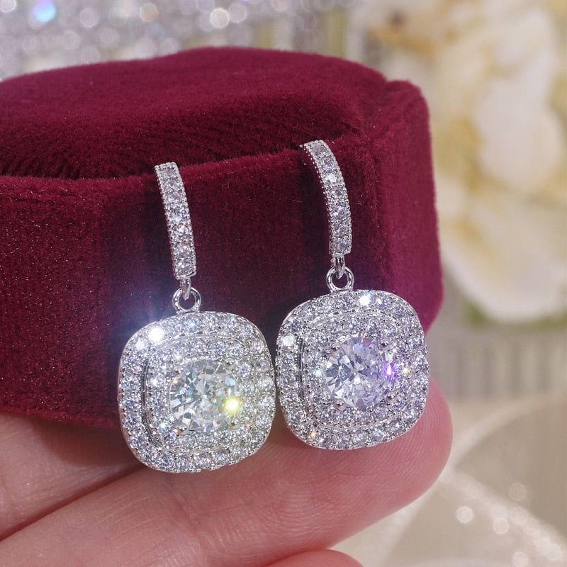 Cubic Zirconia Wedding Earrings Crystal Bridal Jewelry Accessory, luxurious micro pave cubic zirconia crystal earrings featuring a fine cut center crystal with micro pave inlaid 