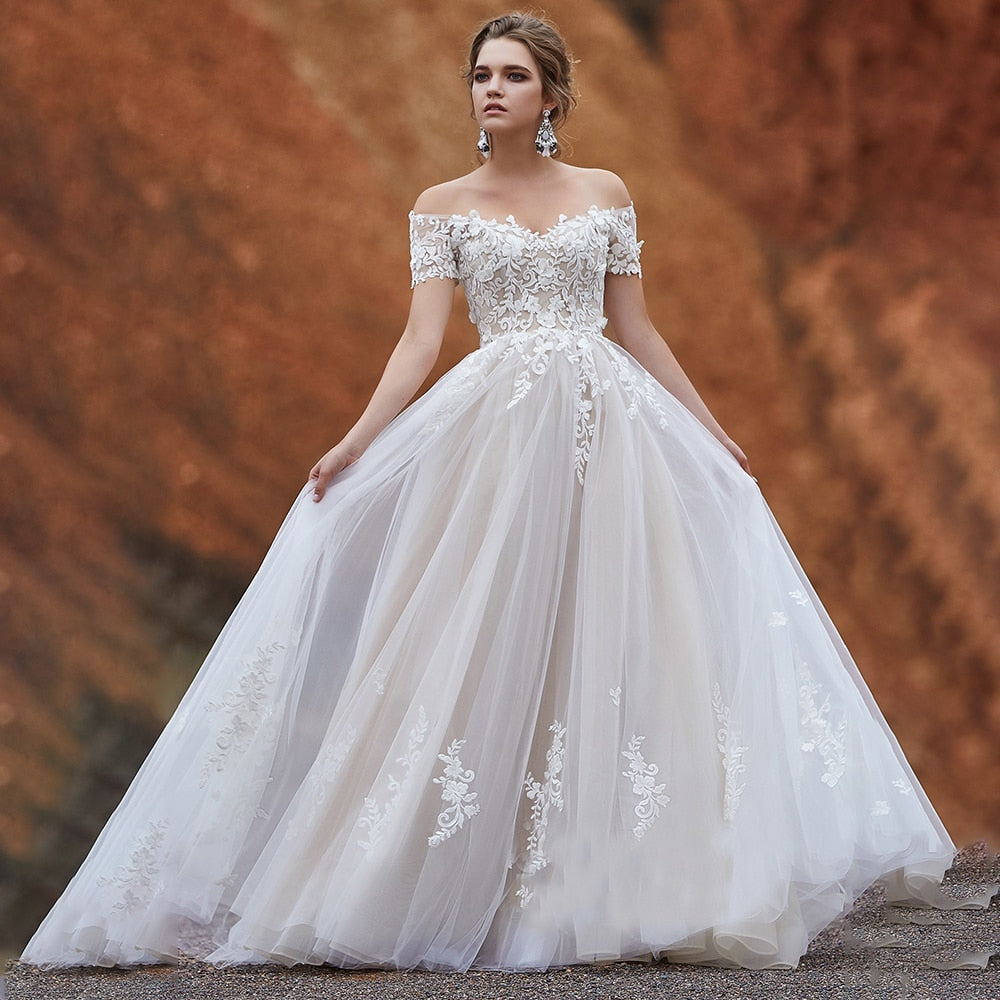 Lace Tulle Wedding Dress Off Shoulder A Line Bridal Gown, walk down the aisle in pure romance with this dreamy off-shoulder lace tulle A-line gown.