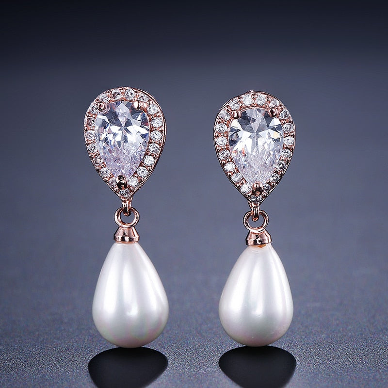 Pearl Cubic Zirconia Crystal Wedding Earrings Jewelry Accessory , The delicate sparkle of faceted crystal dazzles in these elegant dangle and drop earrings.