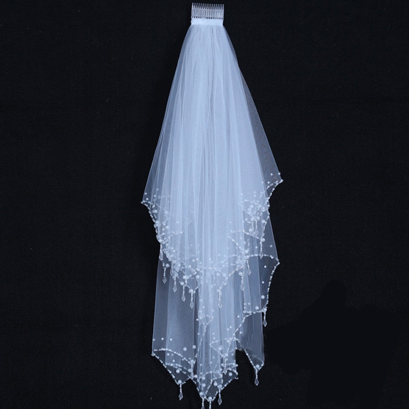 Wedding Veil Elbow Length Crystal Pearls Bead 2 Layer Bridal Accessory, Elevate your wedding day look with the exquisite Pearl & Crystal Beaded 2 Layer Wedding Veil.