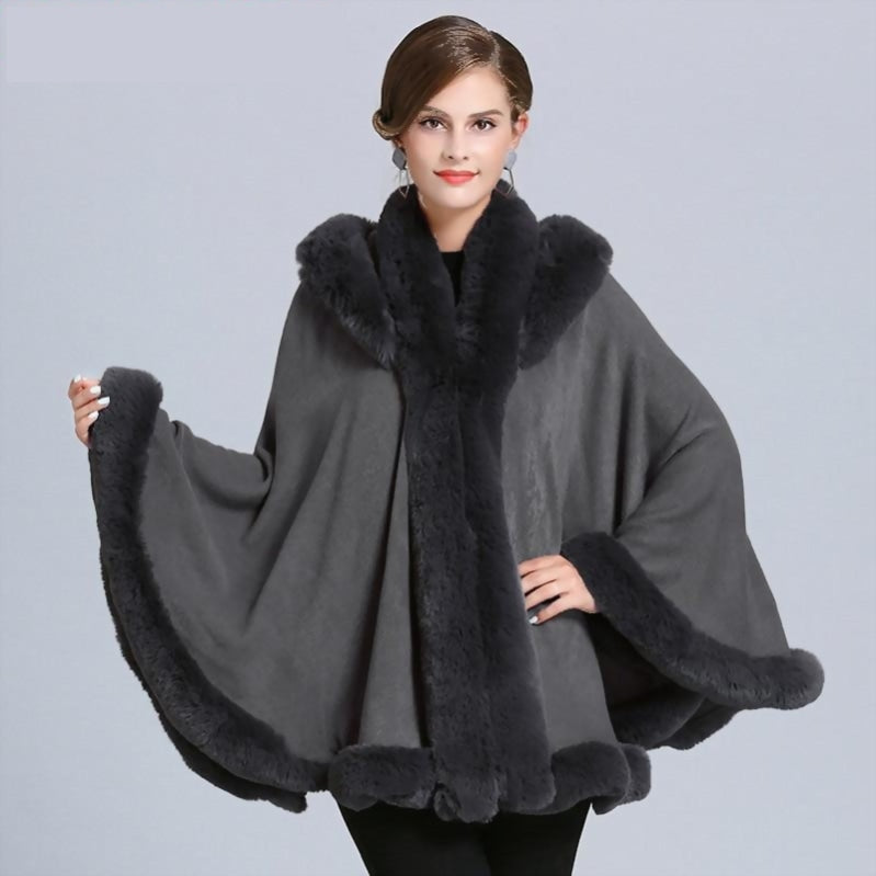 Faux Fur Trimmed Poncho Cape Hooded Swing Wrap Cloak Accessory, Luxurious mid length winter wrap featuring faux fur trimmed mandarin collar 