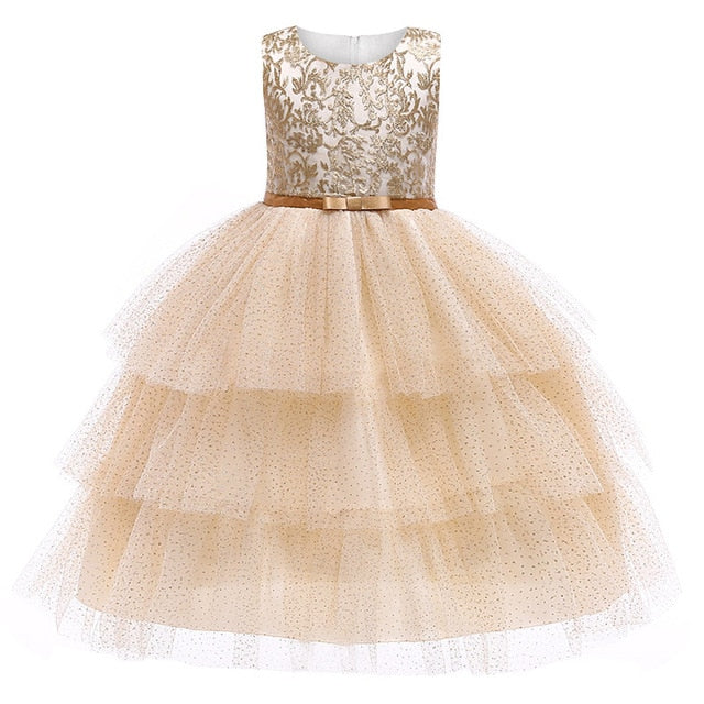 Golden Thread Embroidery Girls Holiday Princess Party Dress - TulleLux Bridal Crowns &  Accessories