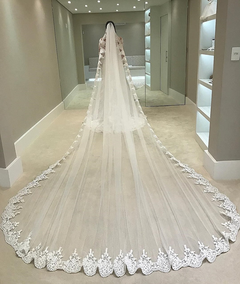 Wedding Veil Cathedral Length Lace Edge One Layer Bridal Accessory