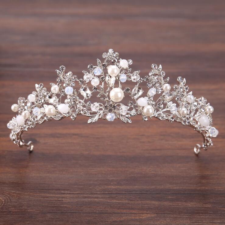 Crystal Pearl Tiara Bridal Wedding Crown Hair Accessory,  Elevate your bridal look with our opulent silver tiara crown, adorned with lustrous simulated pearls and shimmering crystal details