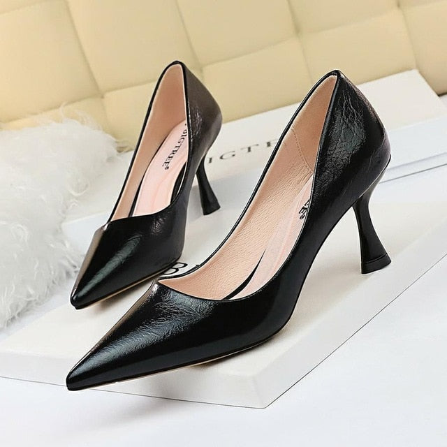 High Thin Heel Metallic Pointed Toe Shallow Bridal Pumps - TulleLux Bridal Crowns &  Accessories