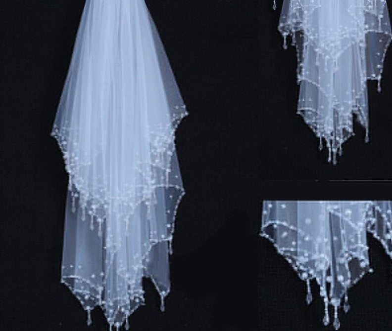 Wedding Veil Elbow Length Crystal Pearls Bead 2 Layer Bridal Accessory, Elevate your wedding day look with the exquisite Pearl & Crystal Beaded 2 Layer Wedding Veil.
