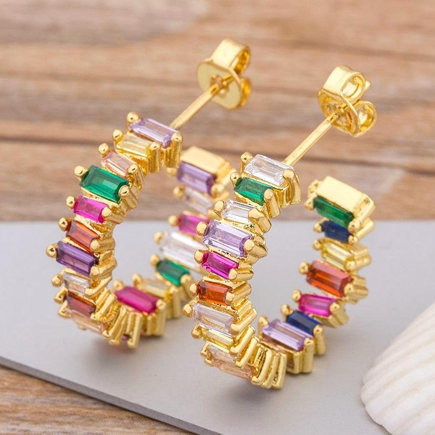 Rainbow Cubic Zirconia Fashion Party Hoop Earrings Jewelry Accessories, Stunning boho stud earrings for women made with cubic zirconia crystal,
