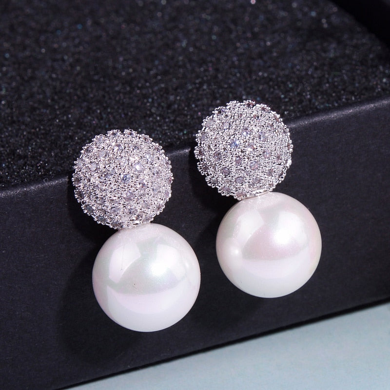 Pearl Crystal Stud Earrings Wedding Bridal Jewelry Accessory, Luxurious sparkling freshwater pearl and crystal earrings featuring tiny fine cut crystal
