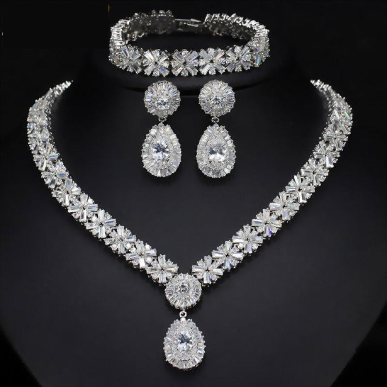 Cubic Zirconia Matching Jewelry Set Necklace Earrings & Bracelet, Flower pattern AAA cubic zirconia necklace, earrings and bracelet set in silver or gold 