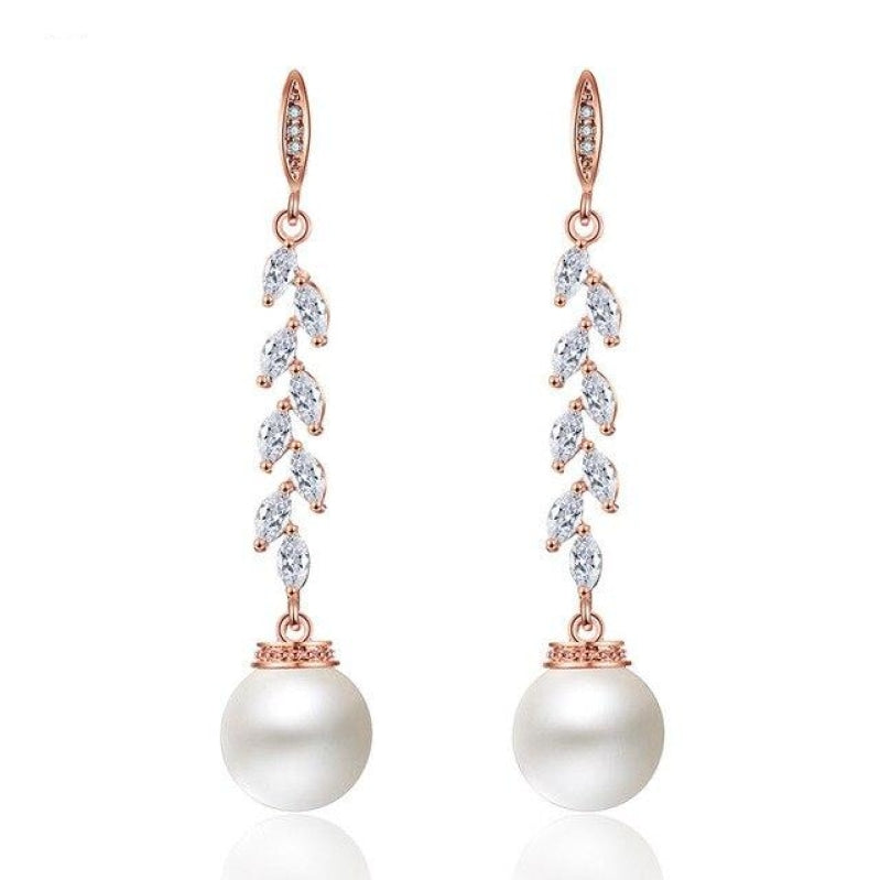 Long Pearl Crystal Bridal Earrings Cubic Zirconia Jewelry Accessory, Cubic Zirconia drop earrings with pearls, long length for evening, bridal 