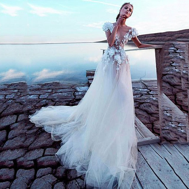 Boho Wedding Dress Backless Tulle Beach Bridal Gown White / 4
