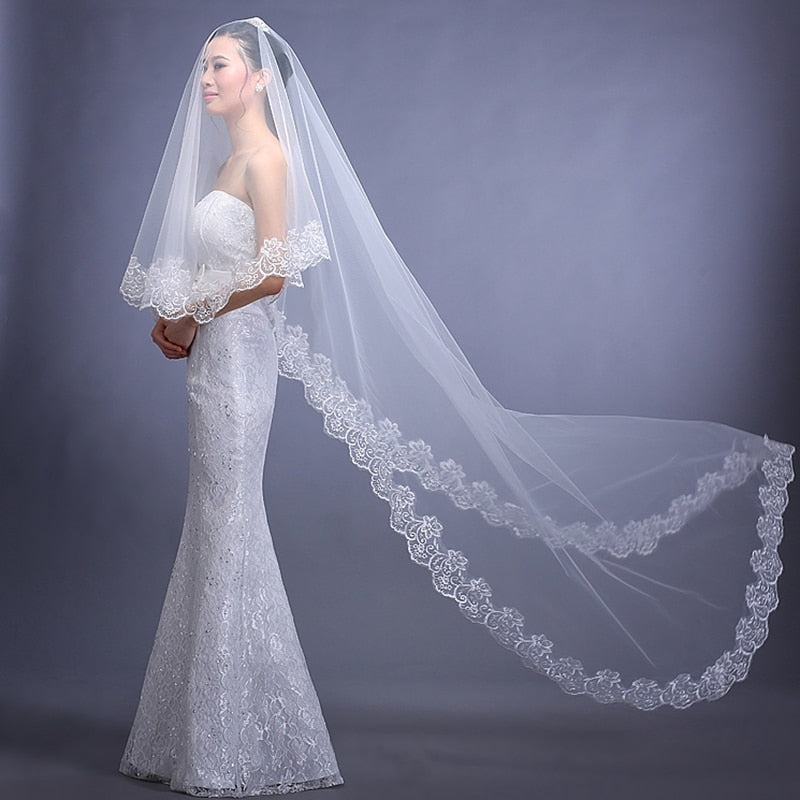 Cathedral Wedding Veil Lace Edge One Layer Bridal Accessory, Complete your elegant bridal look with our 3 or 5 meter long cathedral veil. 