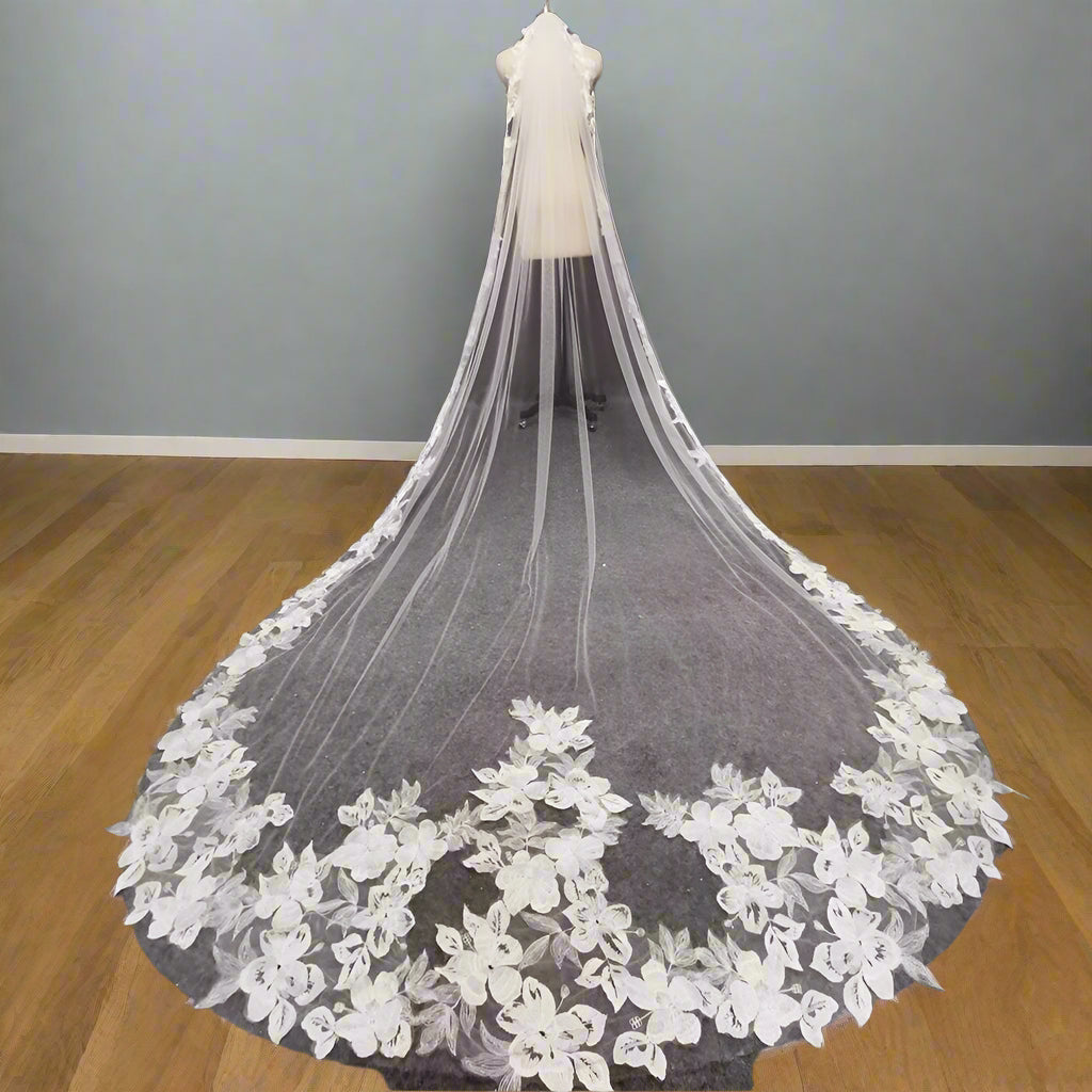 Beautiful Cathedral Flower Lace Wedding Veil 3 Meters 1 Layer Soft Tulle with Comb - TulleLux Bridal Crowns &  Accessories 