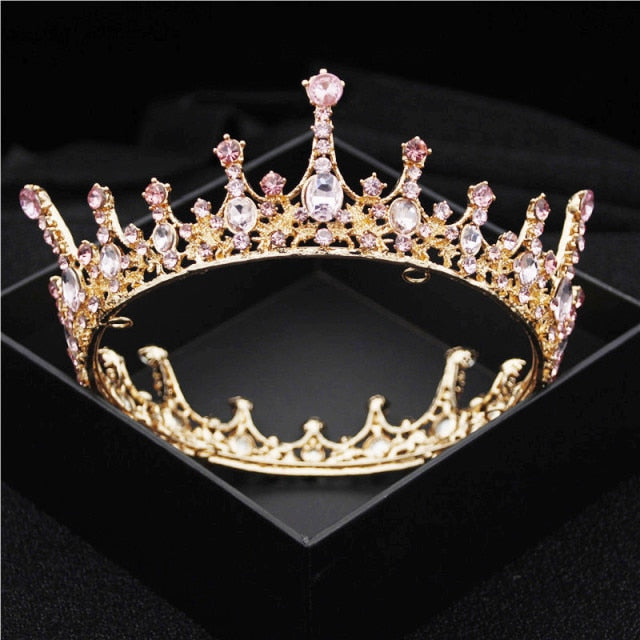 Round Crown Crystal King Queen Party Hair Accessory, Indulge in the luxurious opulence of our Full Round Crystal Queen Crown adorned with nine dazzling crystal hues