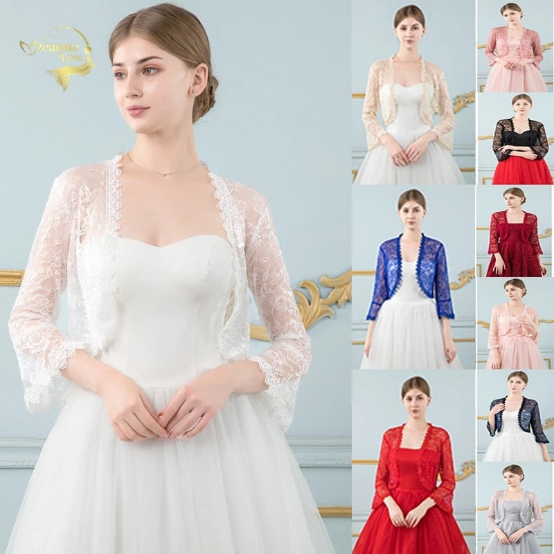 Lace Wedding Bridal Wrap Bolero Jacket Accessory, Delicate lace bolero jacket with flare sleeves and open front, straight back in 10 fabulous colors.