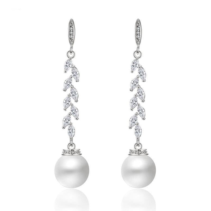 Long Pearl Crystal Bridal Earrings Cubic Zirconia Jewelry Accessory, Cubic Zirconia drop earrings with pearls, long length for evening, bridal 