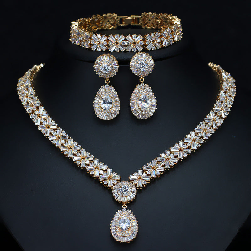 Cubic Zirconia Matching Jewelry Set Necklace Earrings & Bracelet, Flower pattern AAA cubic zirconia necklace, earrings and bracelet set in silver or gold 