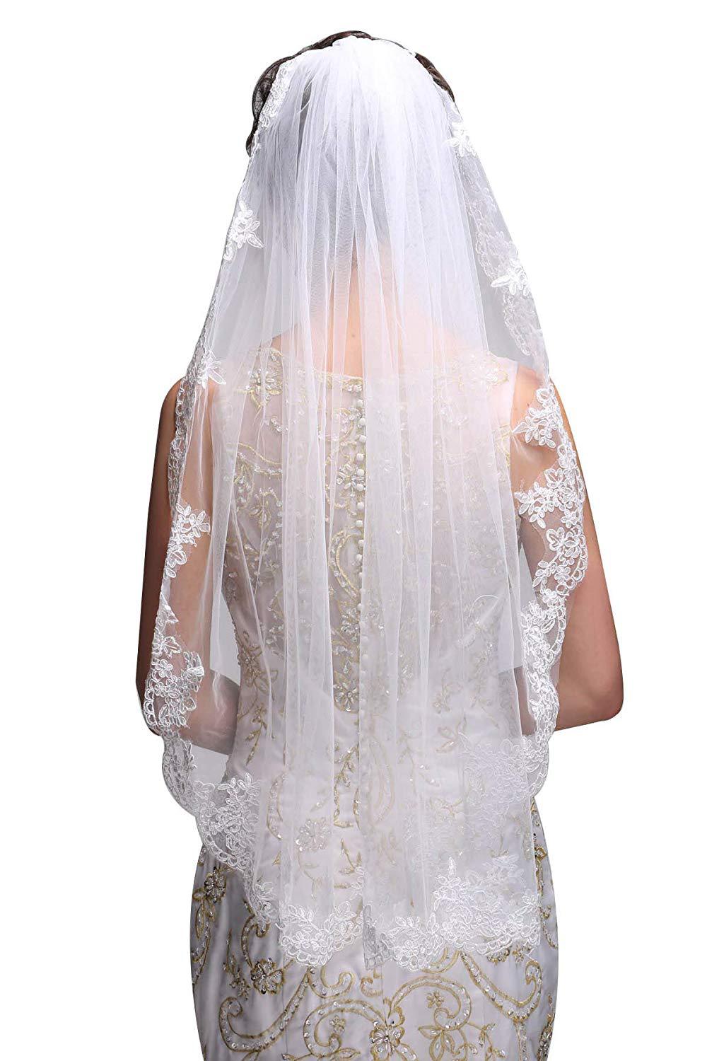 Wedding Veil Elbow Length White Lace Edge Bridal Accessory, Elevate your bridal look with our White Lace Edge Elbow Length Bridal Veil! This si