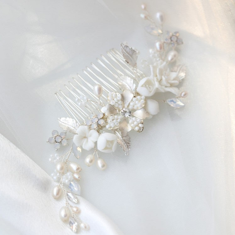Bridal Hair Comb Porcelain Flower Wedding Comb With Pearls, Bridal Hair Accessory Porcelain Flower Wedding Comb With Pearls, Complete your bridal look 