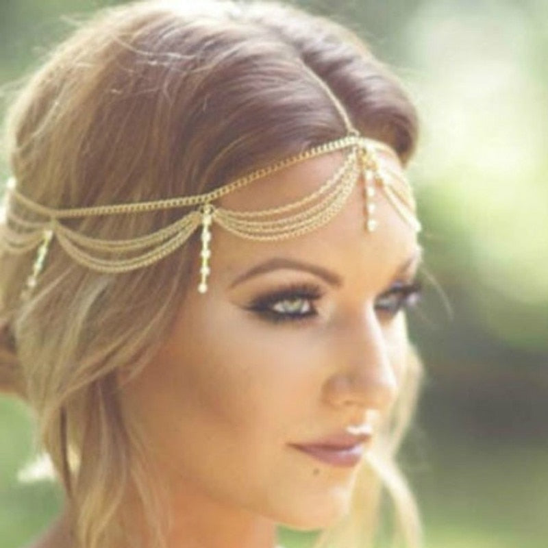 Bridal Headpiece Boho Draping Crystal Wedding Hair Accessory, Indulge in a range of elegant and stylish boho bridal head chains, perfect for a Summer 
