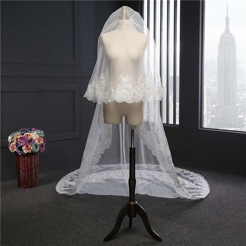 Wedding Veil Cathedral Length Two Layers Lace Edge Bridal Accessory, Featuring a stunning lace applique pattern, this veil adds a touch of elegance 
