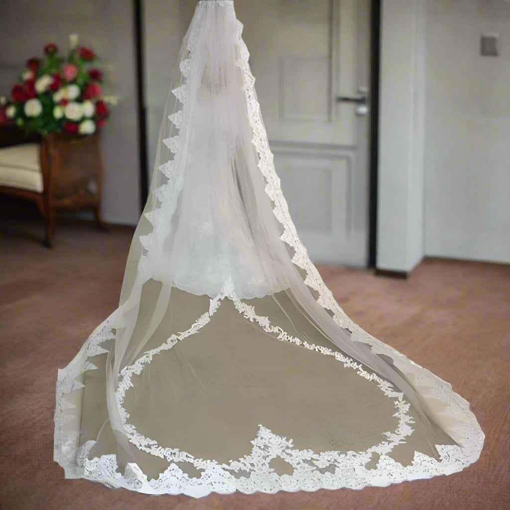 Wedding Veil Cathedral Length One Layer Heart Lace Bridal Accessory, Indulge in pure romance with our One Layer Heart Lace Cathedral Wedding Bridal Veil