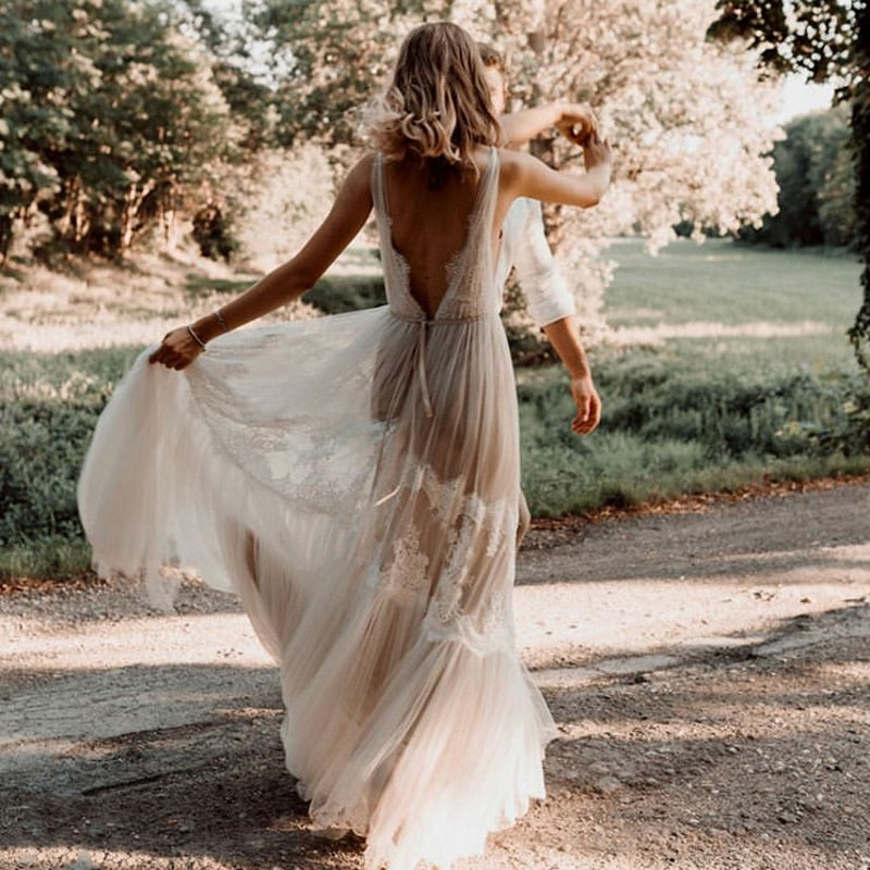 Boho Wedding Dress Illusion Lace Tulle A Line Backless Bridal Gown and tulle create an ethereal V neck bodice, with a stunning sweep train 