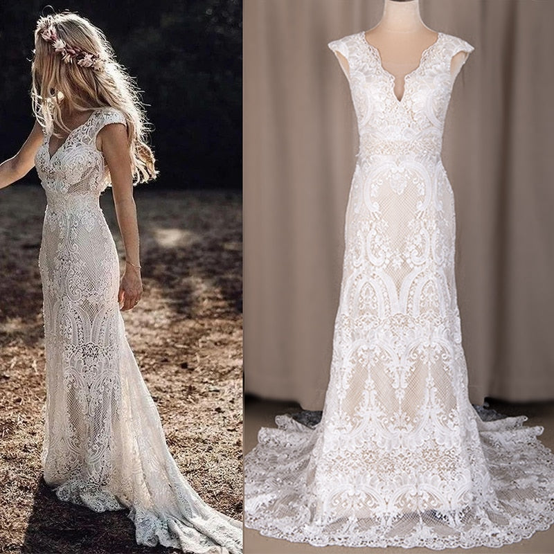 Boho Wedding Dress Deep V-Neck Lace Sheath Bridal Gown, Experience an unforgettable wedding day with our stunning deep V-neck lace sheath bridal dress! This dress showcases a full lace design with a lining, short cap sleeves, a deep V back, and a breathtaking lace sweep train.