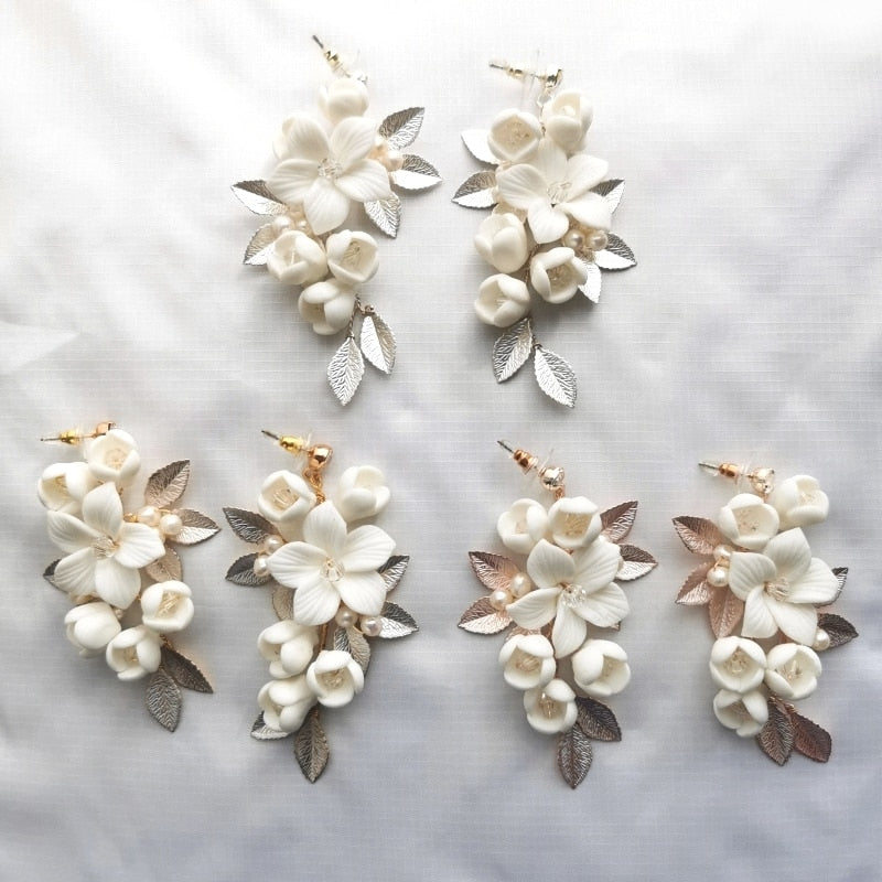 Porcelain Bridal Earrings Flower Boho Wedding Jewelry Accessory, Handmade porcelain bridal floral earrings with gold, silver or rose gold b