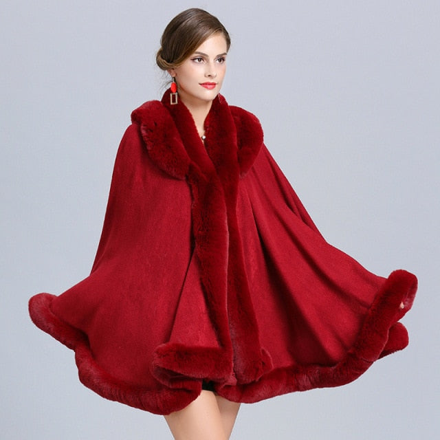 Faux Fur Trimmed Poncho Cape Hooded Swing Wrap Cloak Accessory, Luxurious mid length winter wrap featuring faux fur trimmed mandarin collar 