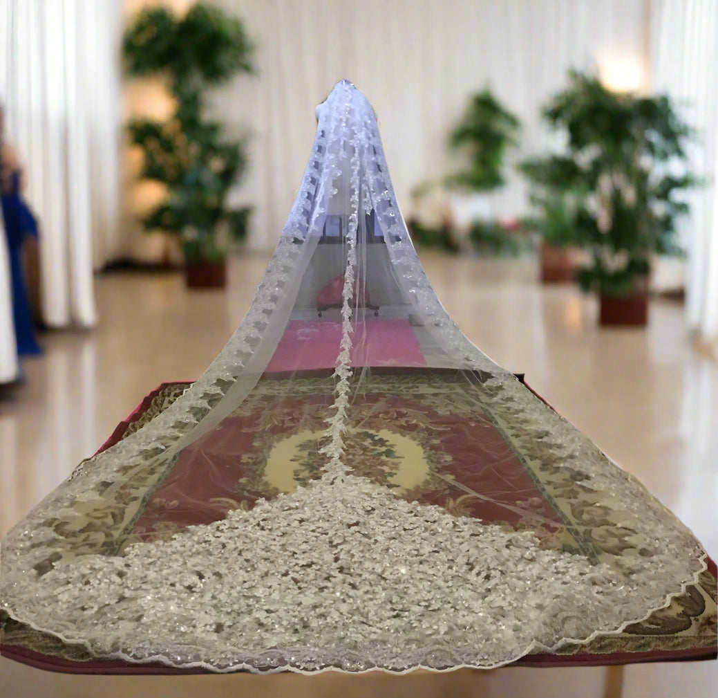 Long Cathedral Wedding Veil Bling Lace Edge Sequins Beads Crystal 3 4 5 Meters - TulleLux Bridal Crowns &  Accessories 