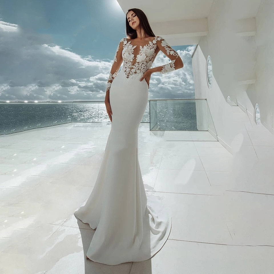 Boho Wedding Dress Satin Mermaid Illusion Lace Bridal Gown, Bespoke boho wedding day bridal gown featuring a flattering mermaid style dress in satin 