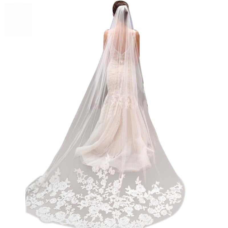 Cathedral Wedding Veil Lace Edge Two Layer Bridal Accessory, Elevate your wedding day look with our Vintage Style Applique Edge Long Two Layer Bridal Veil With Comb