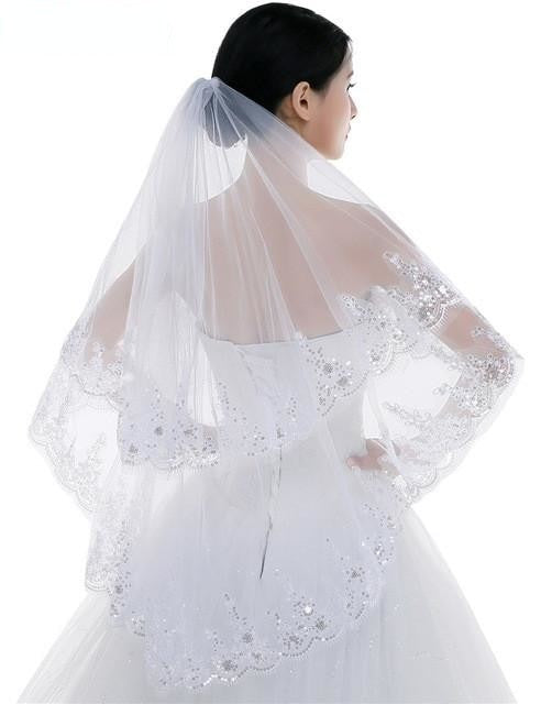 Wedding Veil Elbow Length Crystal Lace Edge Tulle Bridal Accessory, Experience the stunning beauty of our Sparkling Crystal Lace Edge Tulle Bridal Veil with Comb.