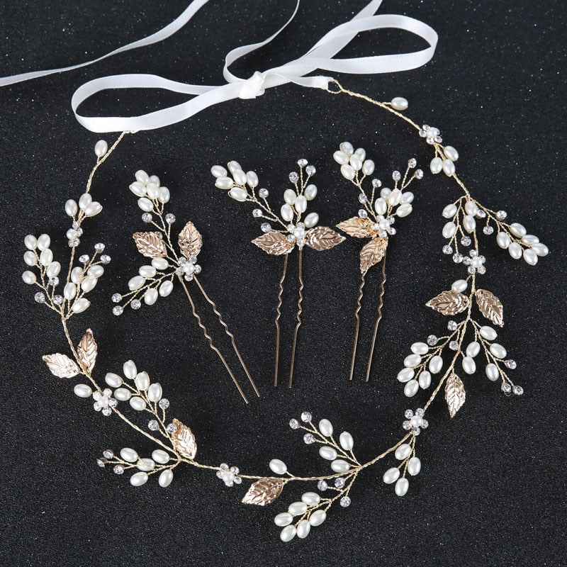 Bridal Headpiece Leaf Style Wedding Headbands & Pins, Elegantly adorned with delicate leaves and gleaming pearls, this enchanting hairband or hair pins
