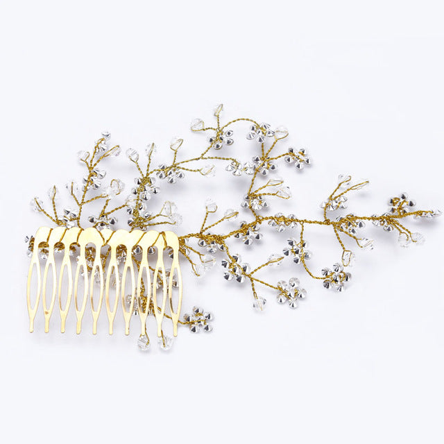 Bridal Hair Comb Floral Branch Crystal Wedding Hair Accessory, metal hair comb with decorative flower branch on bendable wire for your bridal attire and wedding up-do hair.