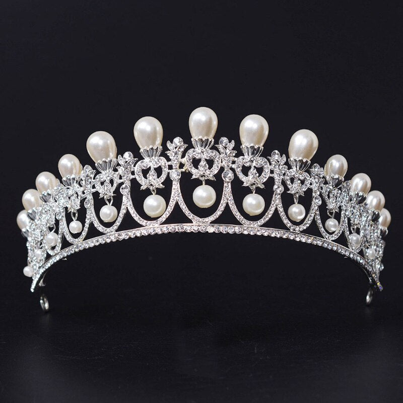 Crystal Pearl Wedding Tiara Bridal Crown Hair Accessory, elegant oversized faux pearls with crystal accents making a sophisticated hair accessory for your wedding day.