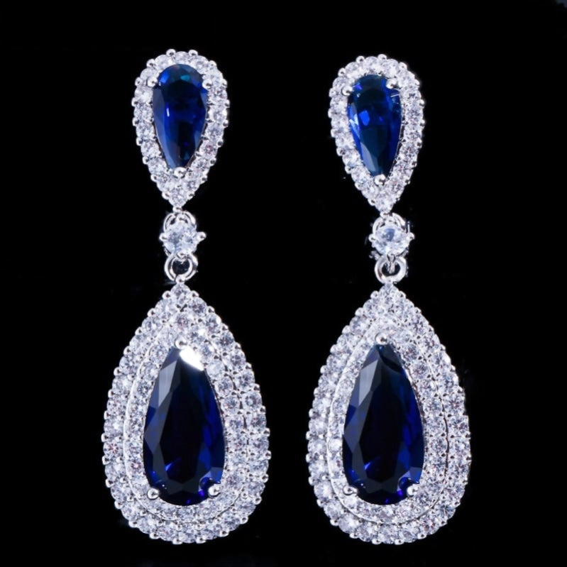 Crystal Party Drop Earrings Evening Event Jewelry Accessory, Gorgeous long dangle drop fine cut cubic zirconia water drop earrings featuring a large center crystal