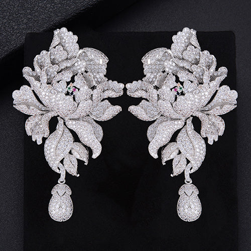 Cubic Zirconia Peony Flower Earrings Evening Party Jewelry Accessory, Carefully-crafted cubic zirconia earrings suspended in a captivating dangle