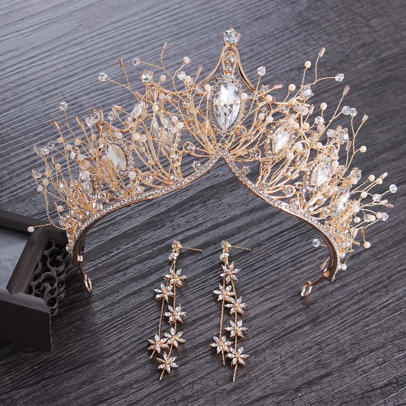 Baroque Style crystal gold tiara crown with gold clip earings